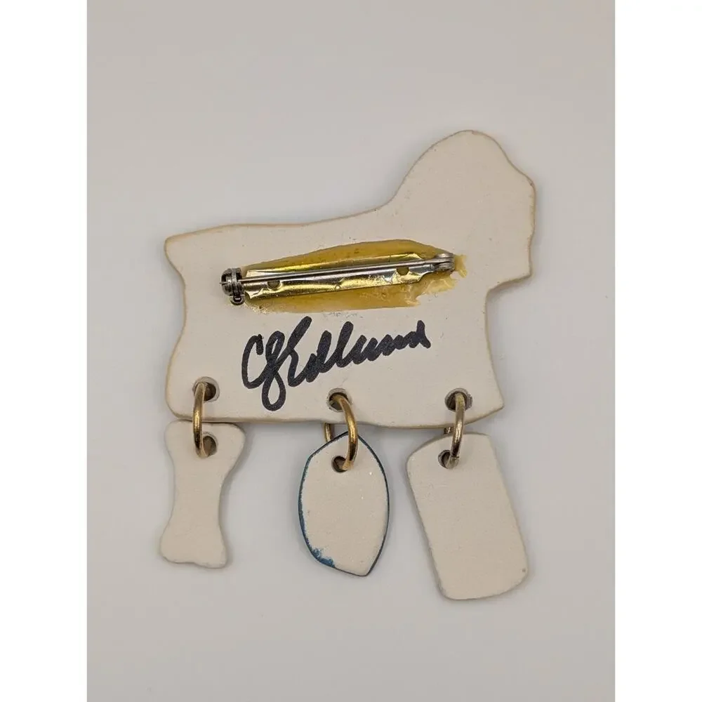 Vintage Signed Carolyn Edlund Ceramic Husky Dog Brooch with Dangles